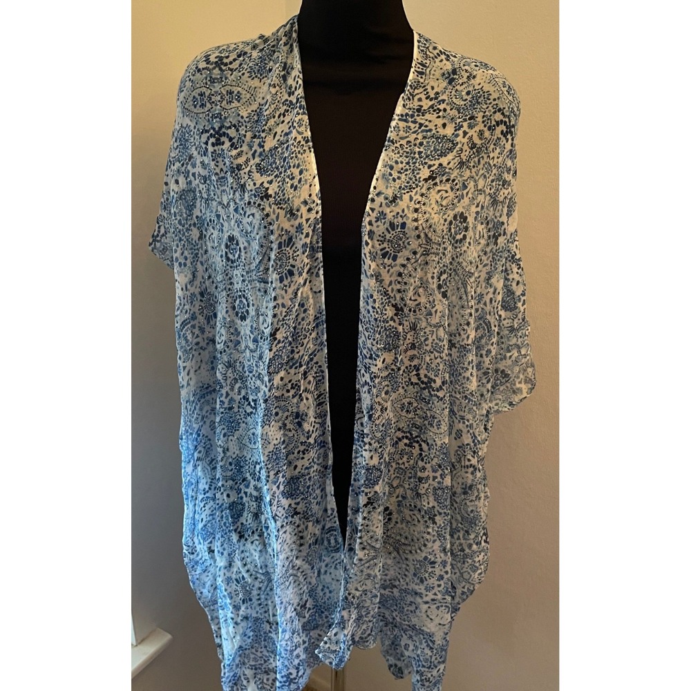 Jessica McClintock Blue Paisley Floral Studded Open Front Kimono Wrap Cover Up